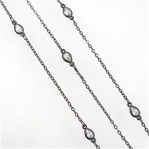 copper chain with zircon, teardrop, black plated, approx 4.5x6mm