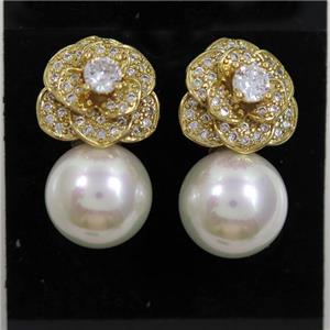 copper flower earring paved zircon with pearl shell, gold plated, approx 12mm, 14mm