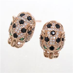 copper leopardhead earring studs paved zircon, rose gold, approx 10.5-16mm