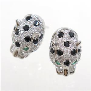 copper leopardhead earring studs paved zircon, platinum plated, approx 10.5-16mm