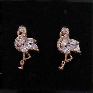 copper crane earring studs paved zircon, rose gold, approx 9-16mm