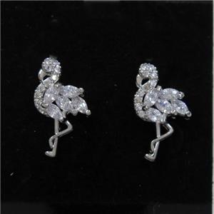 copper crane earring studs paved zircon, platinum plated, approx 9-16mm