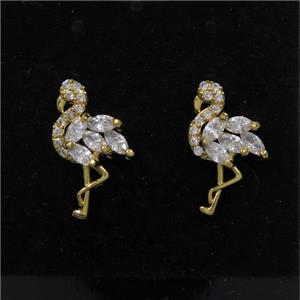 copper crane earring studs paved zircon, gold plated, approx 9-16mm