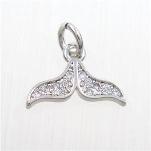 Copper Mermaid Tail Pendant Pave Zircon Platinum Plated, approx 6-13.5mm