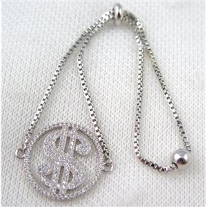 copper bracelet paved zircon, platinum plated, approx 10-20mm bead, 25mm length