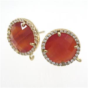 copper earring paved zircon with red glass crystal, approx 15mm dia