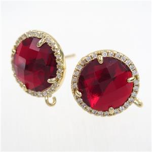 copper earring paved zircon with ruby glass crystal, approx 15mm dia