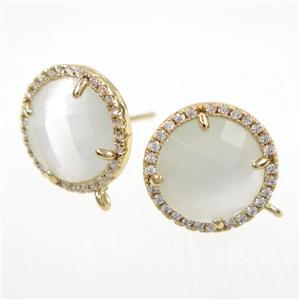 copper earring paved zircon with white glass crystal, approx 15mm dia