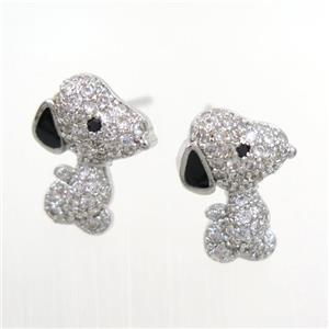 copper dog earring studs paved zircon, platinum plated, approx 10-12mm