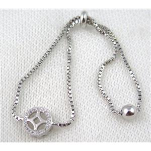 copper bracelet paved zircon, platinum plated, approx 10-20mm bead, 25mm length