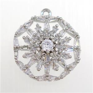 copper flower pendant paved zircon, platinum plated, approx 19mm dia