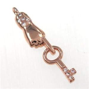 copper handkey pendants paved zircon, rose gold, approx 6-27mm