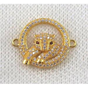 copper leopard head connector paved zircon, gold plated, approx 18mm dia