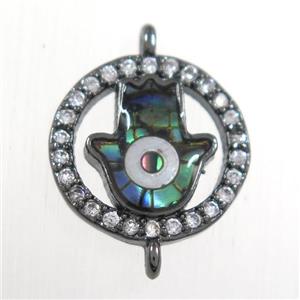 copper hamsahand connector paved zircon with abalone shell, black plated, approx 12mm dia