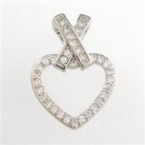 copper heart pendants paved zircon, platinum plated, approx 13-18mm