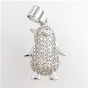 copper penguin pendants paved zircon, platinum plated, approx 13-18mm