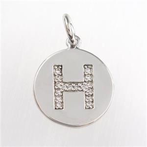 copper pendant paved zircon, letter H, platinum plated, approx 15mm dia