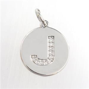 copper pendant paved zircon, letter J, platinum plated, approx 15mm dia