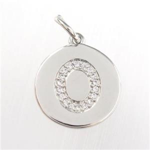 copper pendant paved zircon, letter O, platinum plated, approx 15mm dia