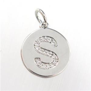 copper pendant paved zircon, letter S, platinum plated, approx 15mm dia