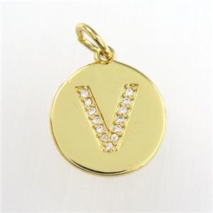 copper pendant paved zircon, letter V, gold plated, approx 15mm dia