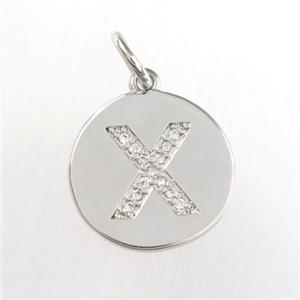 copper pendant paved zircon, letter X, platinum plated, approx 15mm dia
