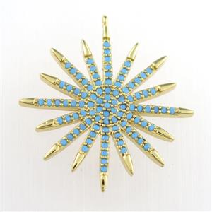 copper starburst pendant paved zircon, turq, gold plated, approx 25mm dia