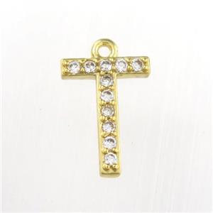copper pendant paved zircon, letter T, gold plated, approx 9-13mm