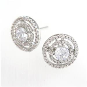 copper earring studs paved zircon, platinum plated, approx 13mm dia