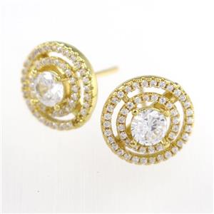 copper earring studs paved zircon, gold plated, approx 13mm dia