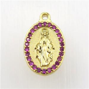 copper Jesus pendant paved zircon, oval, religious, gold plated, approx 13-18mm