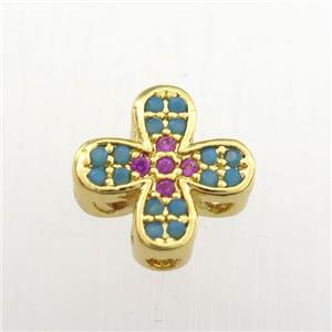 copper cross beads paved zircon, turq, gold plated, approx 10mm