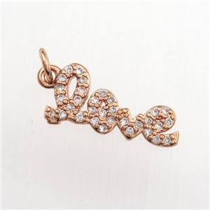 copper LOVE pendant paved zircon, rose gold, approx 7-15mm