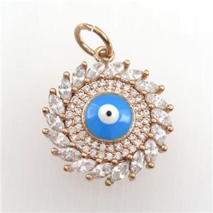 copper sun pendant paved zircon with evil eye, rose gold, approx 20mm dia