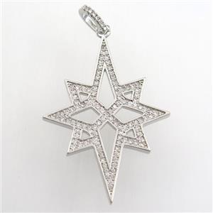 copper northstar pendant paved zircon, platinum plated, approx 30-40mm