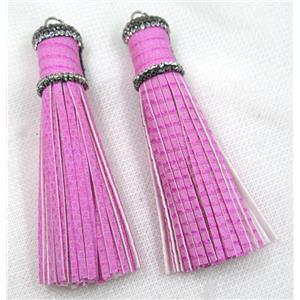 hotpink PU leather tassel pave rhinestone, approx 16mm, 90mm length