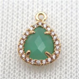 copper teardrop pendant pave zircon with green crystal glass, gold plated, approx 10-12mm