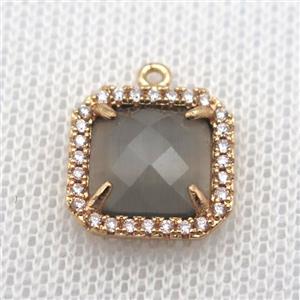 copper square pendant pave zircon with gray crystal glass, gold plated, approx 14x14mm