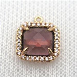 copper square pendant pave zircon with crystal glass, gold plated, approx 14x14mm