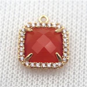 copper square pendant pave zircon with red crystal glass, gold plated, approx 14x14mm