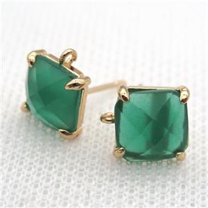 copper square stud Earrings with green crystal glass, gold plated, approx 9x9mm