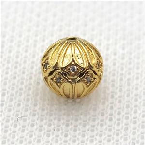 round copper beads paved zircon, gold plated, approx 10mm dia