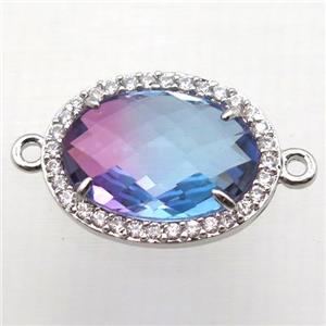 Crystal Glass oval connector with zircon, copper, platinum plated, approx 13-18mm