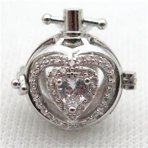 copper locket pendant pave zircon, platinum plated, approx 20mm dia