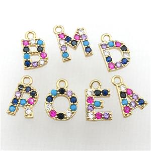 copper Letter charm Pendant pave zircon, gold plated, mix color, approx 8-10mm