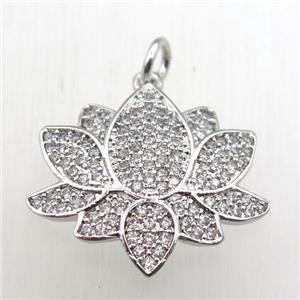 copper lotus pendant pave zircon, platinum plated, approx 18-20mm