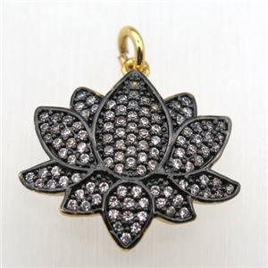 copper lotus pendant pave zircon, black plated, approx 18-20mm