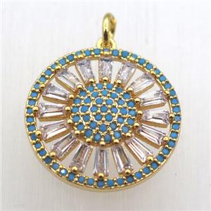 copper sun pendant pave zircon, gold plated, approx 20mm dia