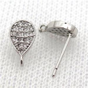 copper stud Earrings pave zircon, teardrop, platinum plated, approx 6-10mm