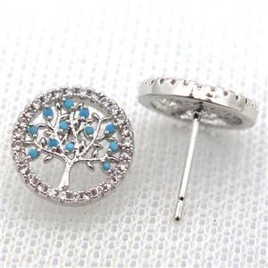 copper stud Earrings pave zircon, tree of life, platinum plated, approx 12mm dia